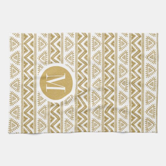 金ゴールドと白の部族の幾何学的パターン キッチンタオル (横)