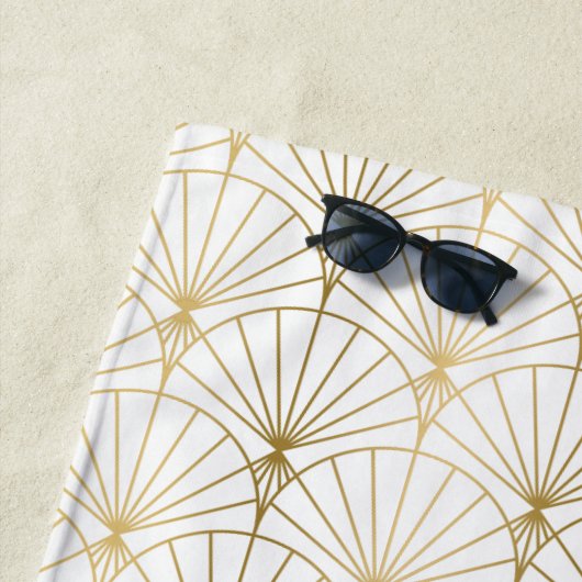 金ゴールドと白アールデコ2パターン ビーチタオル (インサイチュ)