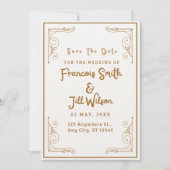 金ゴールドと白エレガントの日付招待状 セーブザデート (正面)