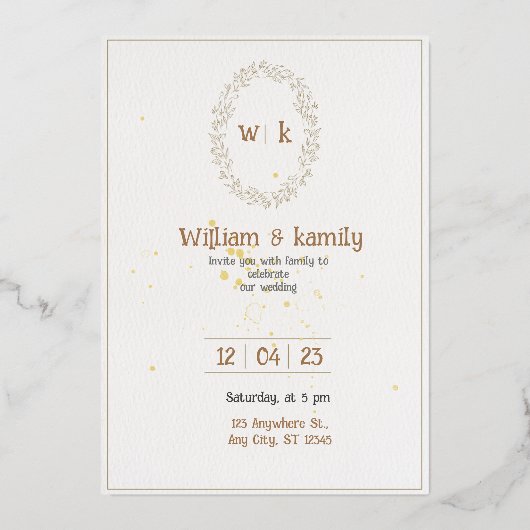 金ゴールドと白エレガントミニマリストの結婚美学 箔招待状 (正面)