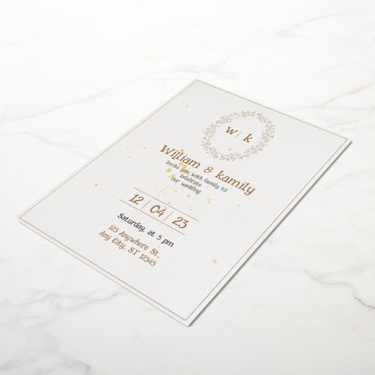 金ゴールドと白エレガントミニマリストの結婚美学 箔招待状 (回転した状態)