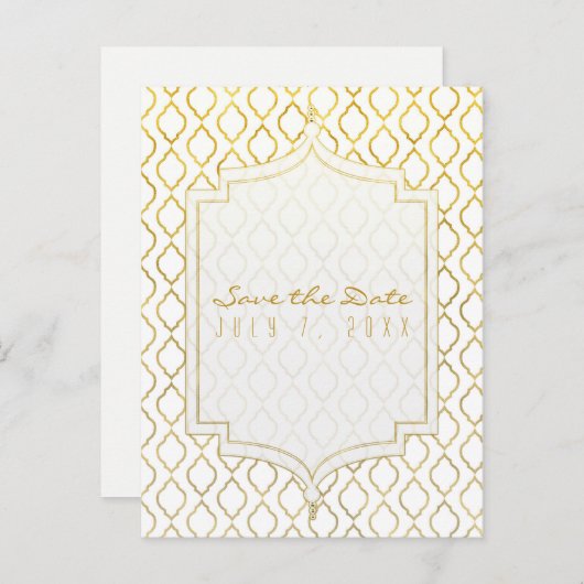 金ゴールドと白エレガントモロッコグラム日付を保存 案内ポストカード (正面/裏面)