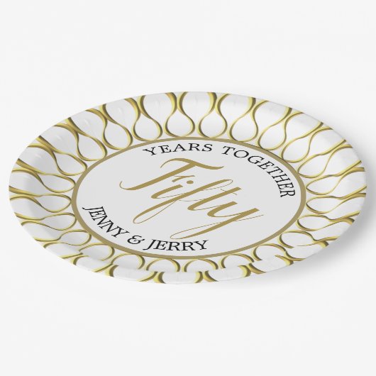 金ゴールドと白エレガント周年記念紙プレート ペーパープレート (アングル)
