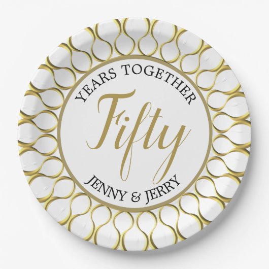 金ゴールドと白エレガント周年記念紙プレート ペーパープレート (正面)