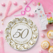 金ゴールドと白エレガント周年記念紙プレート ペーパープレート (パーティー)