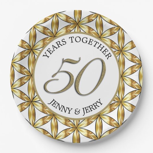 金ゴールドと白エレガント周年記念紙プレート ペーパープレート (正面)