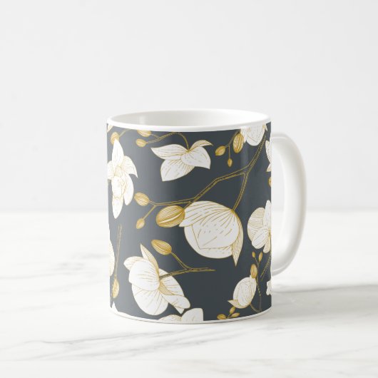 金ゴールドと白オエレガントランフローラグモダンレー コーヒーマグカップ (正面右)
