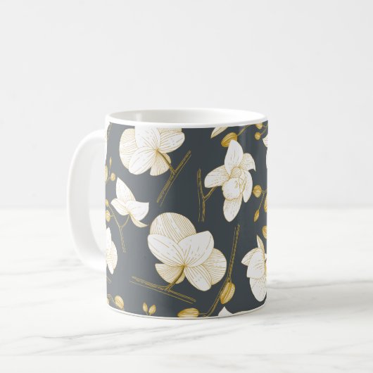 金ゴールドと白オエレガントランフローラグモダンレー コーヒーマグカップ (正面左)