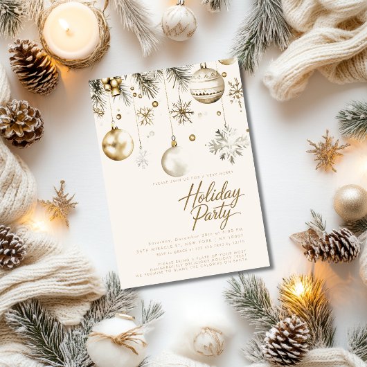 金ゴールドと白オーナメントバウブルクリスマスパーティー 招待状