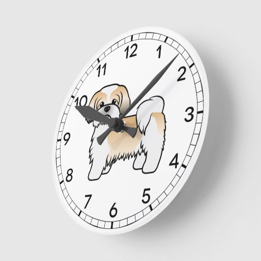 金ゴールドと白シーズー（犬）かわいい漫画の犬 ラウンド壁時計 (傾斜)