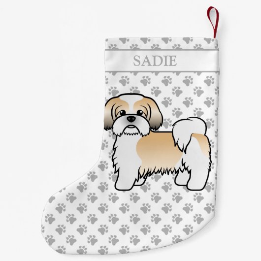 金ゴールドと白シーズー（犬）Tzu漫画の犬と名前 スモールクリスマスストッキング (裏面)