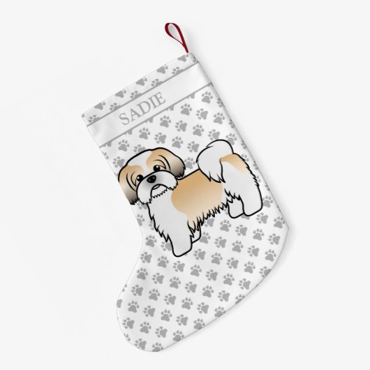 金ゴールドと白シーズー（犬）Tzu漫画の犬と名前 スモールクリスマスストッキング (裏面 (吊り時))