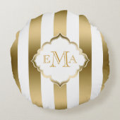 金ゴールドと白ストライプの幾何学的パターン ラウンドクッション (裏面)