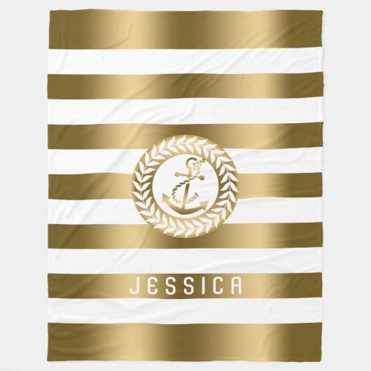 金ゴールドと白ストライプの金ゴールド航海のいかり フリースブランケット (正面)