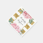 金ゴールドと白ストライプ色ヴィンテージフローラ結婚ズ スタンダードカクテルナプキン (角)