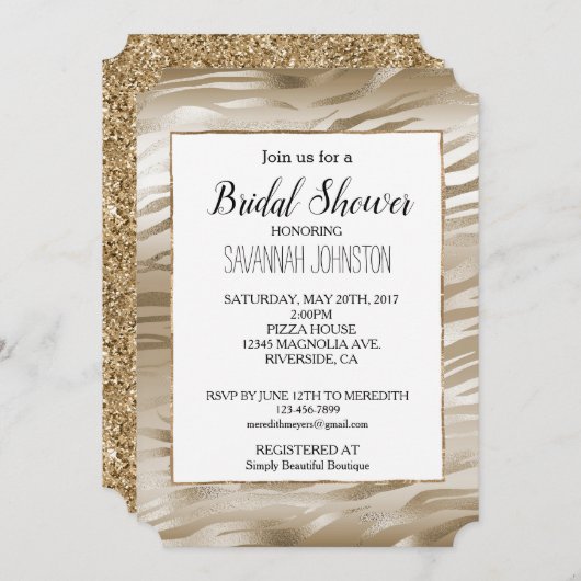 金ゴールドと白ゼブラグラデーション動物ブライダルシャワー 招待状 (正面/裏面)