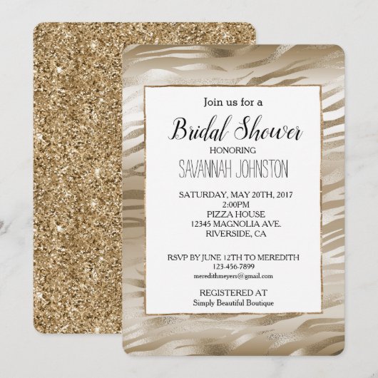 金ゴールドと白ゼブラグラデーション動物ブライダルシャワー 招待状 (正面/裏面)