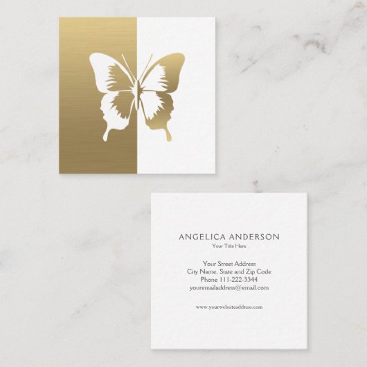 金ゴールドと白フェイク色の蝶 スクエア名刺 (正面/裏面)