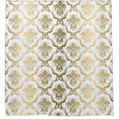 金ゴールドと白フローラの幾何学的パターン シャワーカーテン (正面)