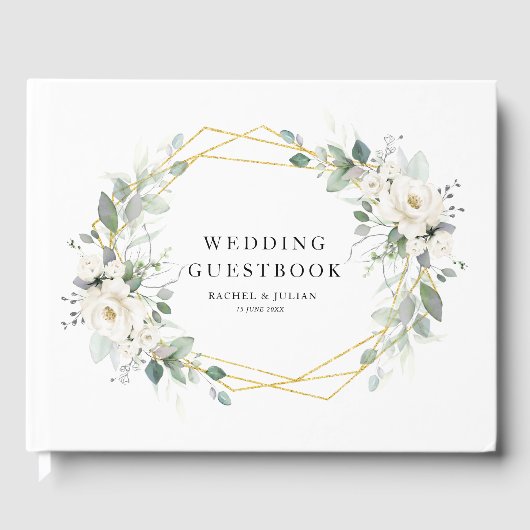 金ゴールドと白フローラ幾何結婚のゲストブック ゲストブック (正面)