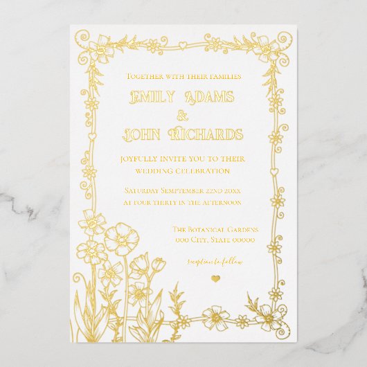 金ゴールドと白フローラ手書き結婚の 箔招待状 (正面)