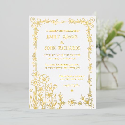 金ゴールドと白フローラ手書き結婚の 箔招待状 (立ち正面)