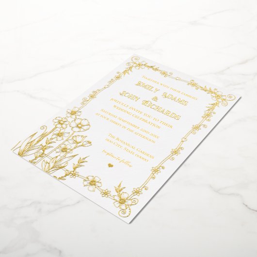 金ゴールドと白フローラ手書き結婚の 箔招待状 (回転した状態)