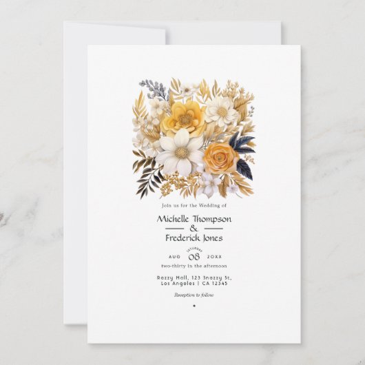 金ゴールドと白フローラ結婚の 招待状 (正面)