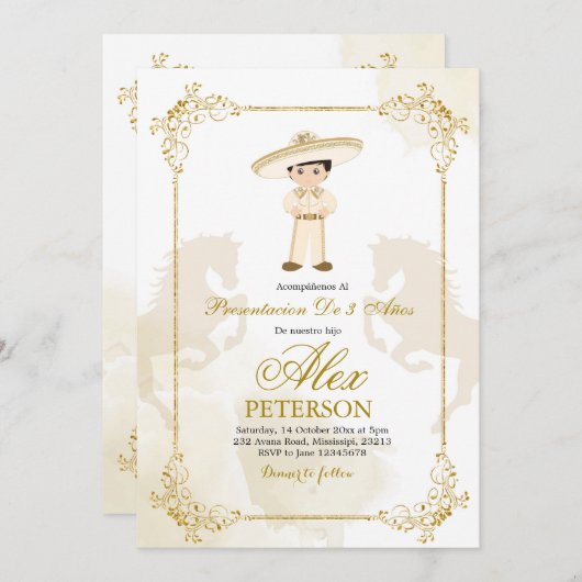 金ゴールドと白メスペインのキシカン少年のシャルロ 招待状 (正面/裏面)