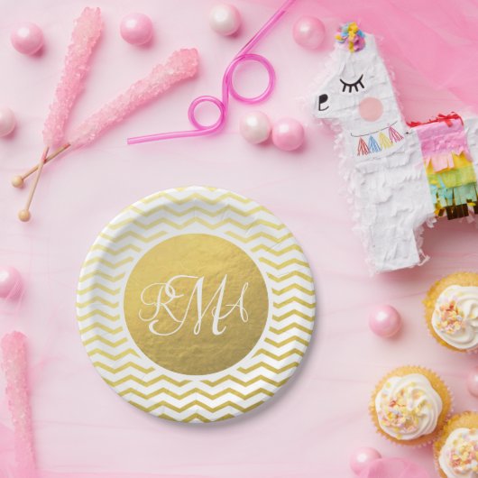 金ゴールドと白モノグラムの山パーソナライズされた形 ペーパープレート (パーティー)