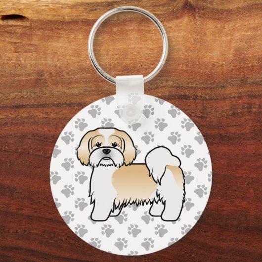 金ゴールドと白ラサアプソ可愛い漫画の犬 キーホルダー (正面)