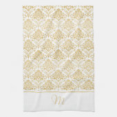 金ゴールドと白ヴィンテージダマスモノグラム2 キッチンタオル (縦)