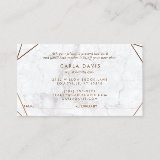 金ゴールドと白大理石の幾何学的ミニマリスト 紹介カード (裏面)