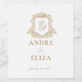 金ゴールドと白王室のモノグラム結婚クレスト ワインラベル (シングルラベル)