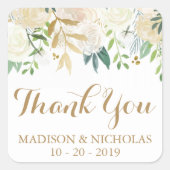 金ゴールドと白結婚花の角貼り スクエアシール (正面)