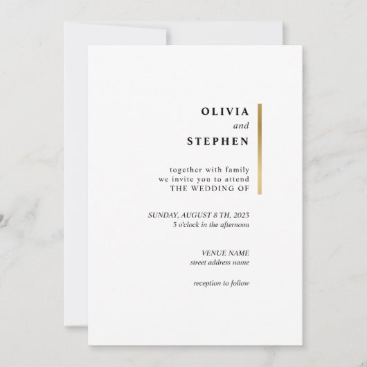 金ゴールドと白。スタイリッシュシンプルタイポグラフィ結婚ズ 招待状 (正面)
