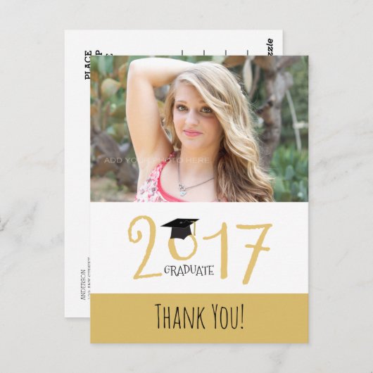 金ゴールドと白、写真卒業ありがとう ポストカード (正面/裏面)