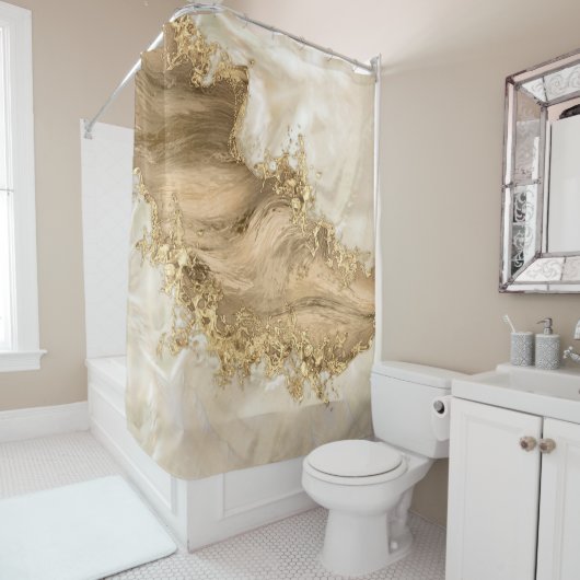 金ゴールドと真珠 – （ばちゃばちゃ）跳ねると流れ シャワーカーテン (インサイチュ)