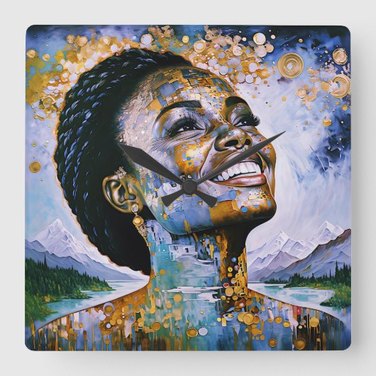 「金ゴールドと空の調和」 スクエア壁時計 (正面)