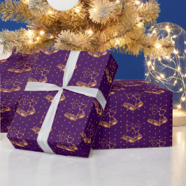 金ゴールドと紫のクリスマスベル ラッピングペーパー