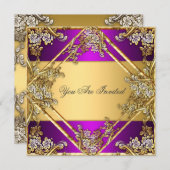 金ゴールドと紫の任意のパーティの招待状金ゴールド紫 招待状 (正面/裏面)