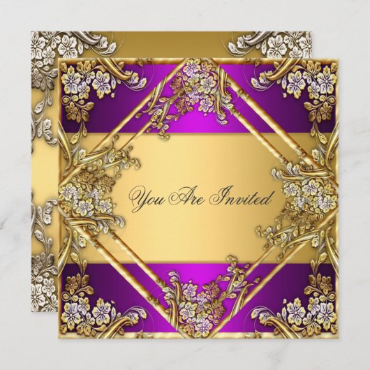 金ゴールドと紫の任意のパーティの招待状金ゴールド紫 招待状 (正面/裏面)