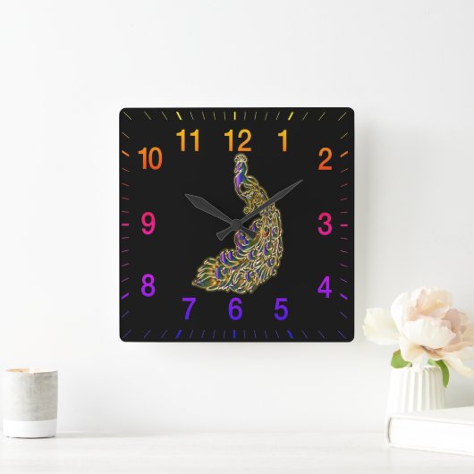 金ゴールドと紫の孔雀が明るく輝く スクエア壁時計 (ホーム)
