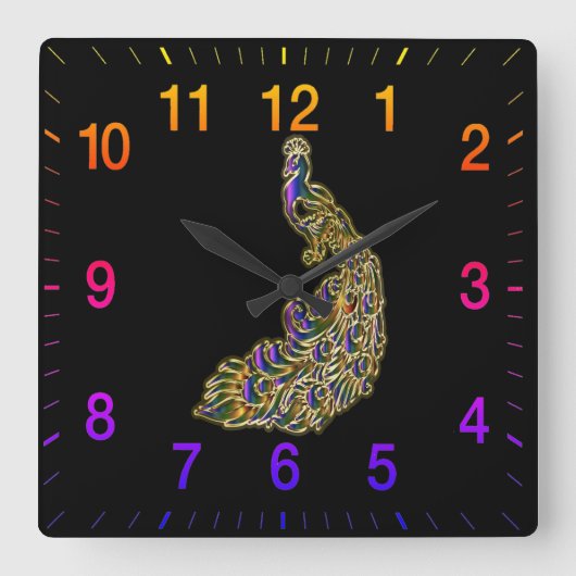 金ゴールドと紫の孔雀が明るく輝く スクエア壁時計 (正面)