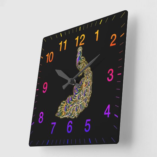 金ゴールドと紫の孔雀が明るく輝く スクエア壁時計 (傾斜)