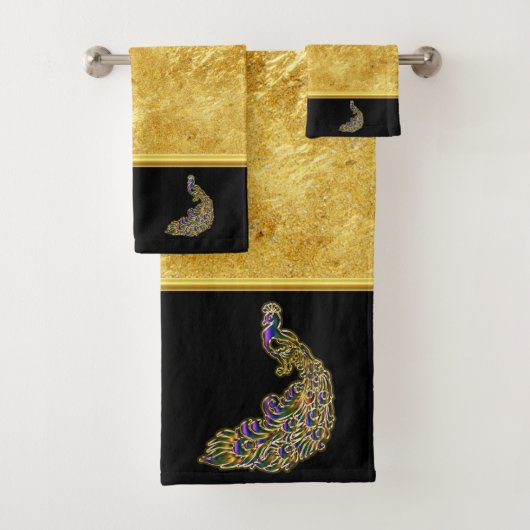 金ゴールドと紫の孔雀金ゴールド箔と黒 バスタオルセット (インサイチュ)