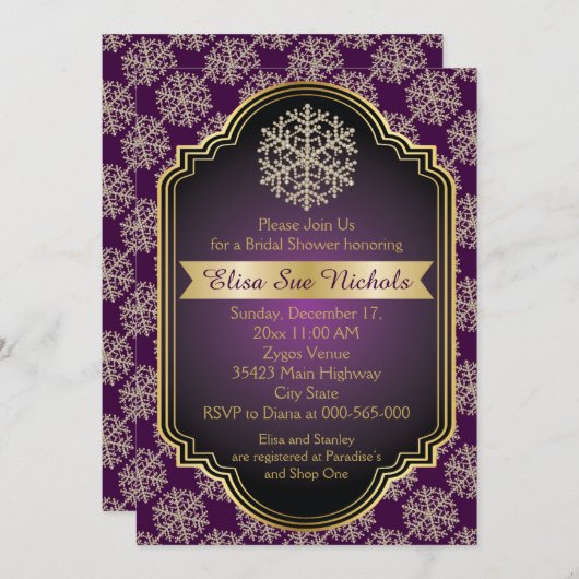 金ゴールドと紫の雪結婚片のブライダルシャワー 招待状 (正面/裏面)