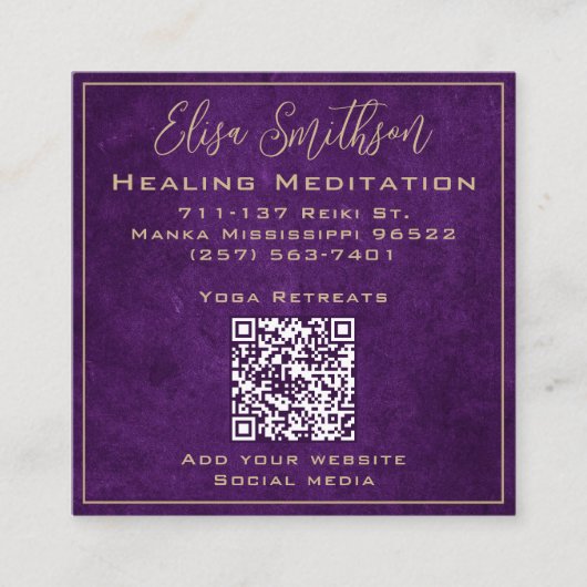金ゴールドと紫の霊気癒し瞑想曼荼羅 スクエア名刺 (正面)