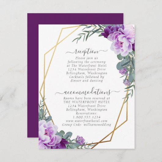 金ゴールドと紫エレガントフローラ結婚詳細 エンクロージャーカード (正面/裏面)