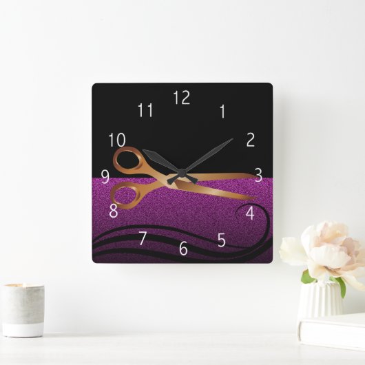 金ゴールドと紫スタイリッシュ髪サロン時計 スクエア壁時計 (ホーム)